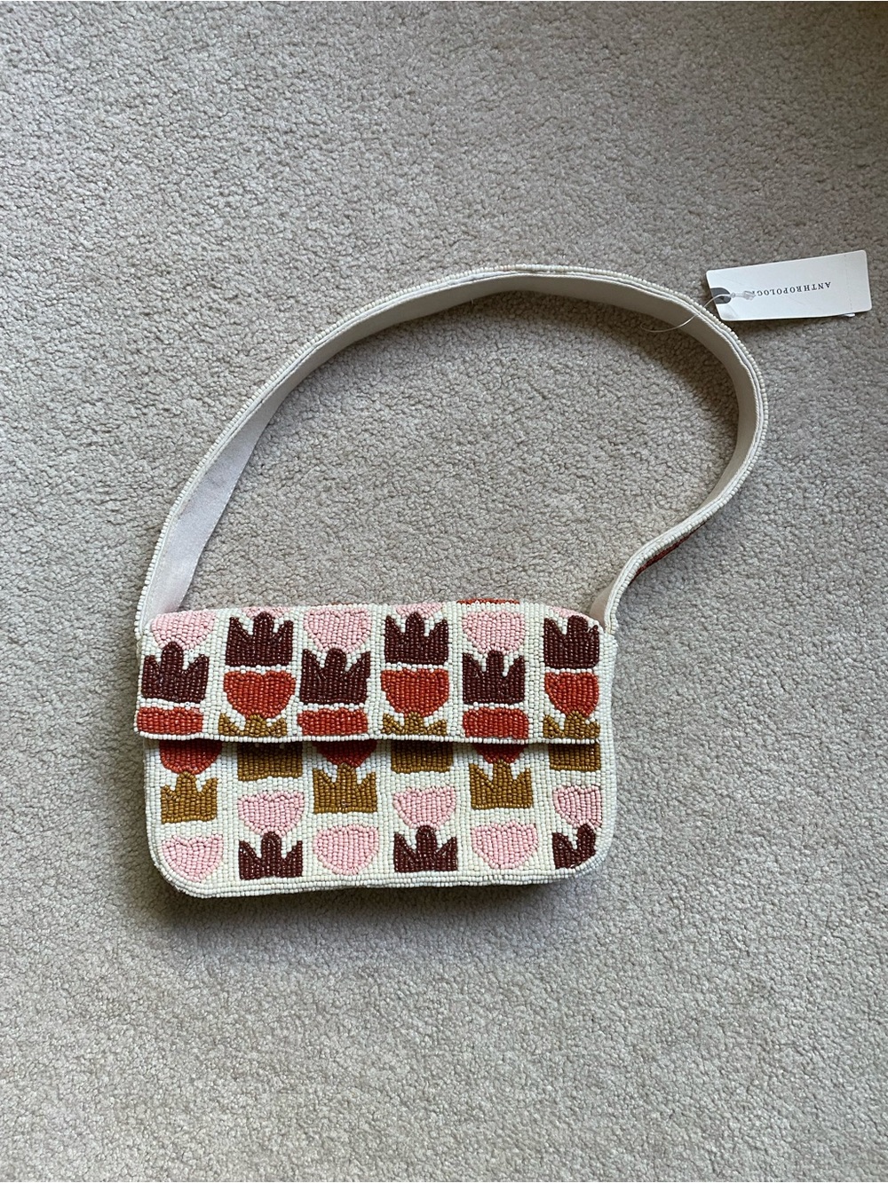 Anthropologie Beaded Envelope Clutch in Cream, Pink & Brown